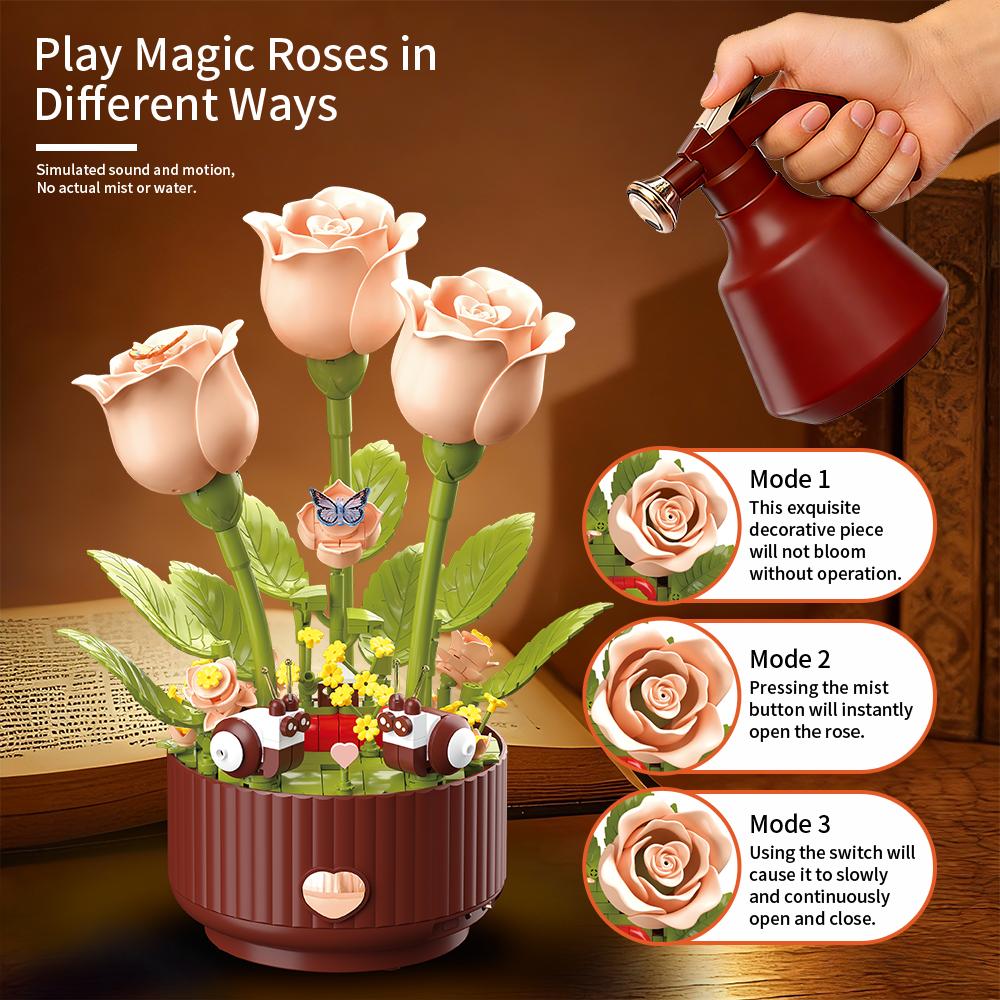 Creative Floral Assembly Kit with Lighting and Blooming Animation Effects, 334 Pieces  Includes Remote-Controlled Watering Can (with Watering Sound Effects), Blooming Rose Building Block Gift Set