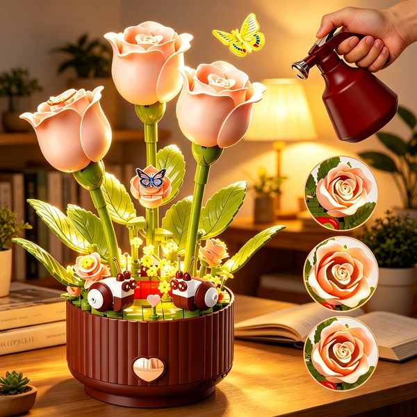 Creative Floral Assembly Kit with Lighting and Blooming Animation Effects, 334 Pieces  Includes Remote-Controlled Watering Can (with Watering Sound Effects), Blooming Rose Building Block Gift Set