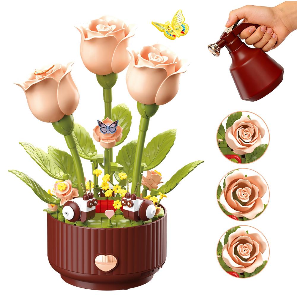 Creative Floral Assembly Kit with Lighting and Blooming Animation Effects, 334 Pieces  Includes Remote-Controlled Watering Can (with Watering Sound Effects), Blooming Rose Building Block Gift Set