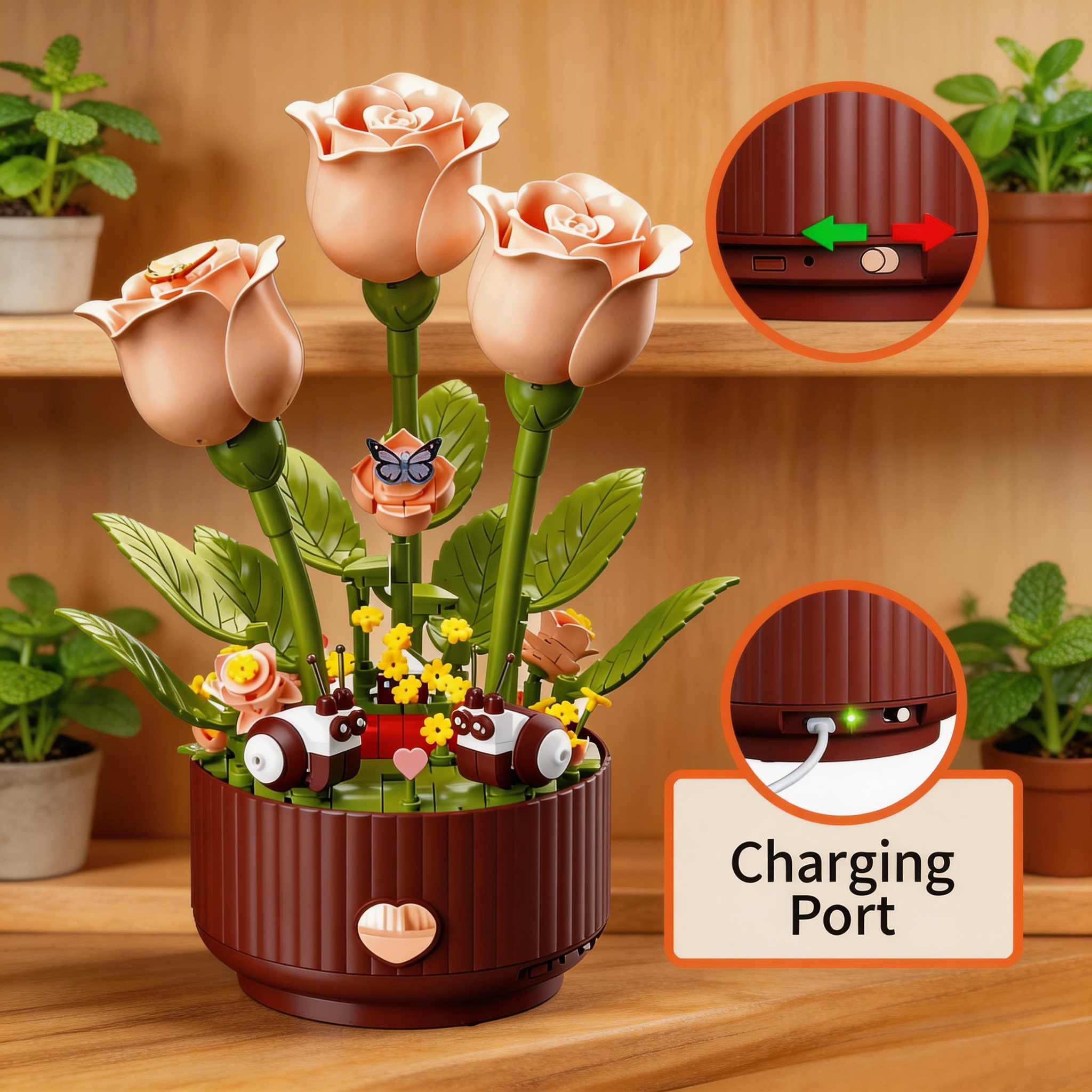Creative Floral Assembly Kit with Lighting and Blooming Animation Effects, 334 Pieces  Includes Remote-Controlled Watering Can (with Watering Sound Effects), Blooming Rose Building Block Gift Set