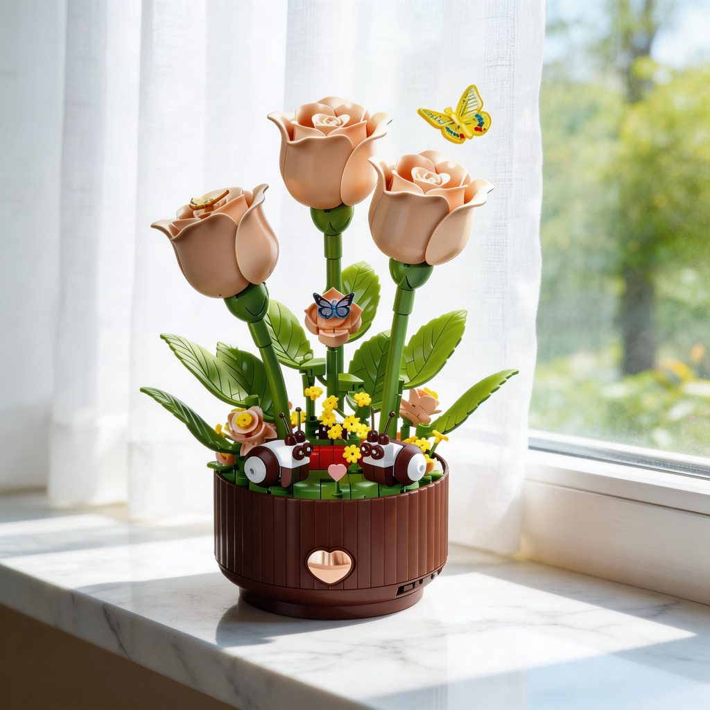Creative Floral Assembly Kit with Lighting and Blooming Animation Effects, 334 Pieces  Includes Remote-Controlled Watering Can (with Watering Sound Effects), Blooming Rose Building Block Gift Set