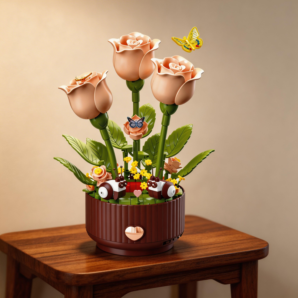 Creative Floral Assembly Kit with Lighting and Blooming Animation Effects, 334 Pieces  Includes Remote-Controlled Watering Can (with Watering Sound Effects), Blooming Rose Building Block Gift Set