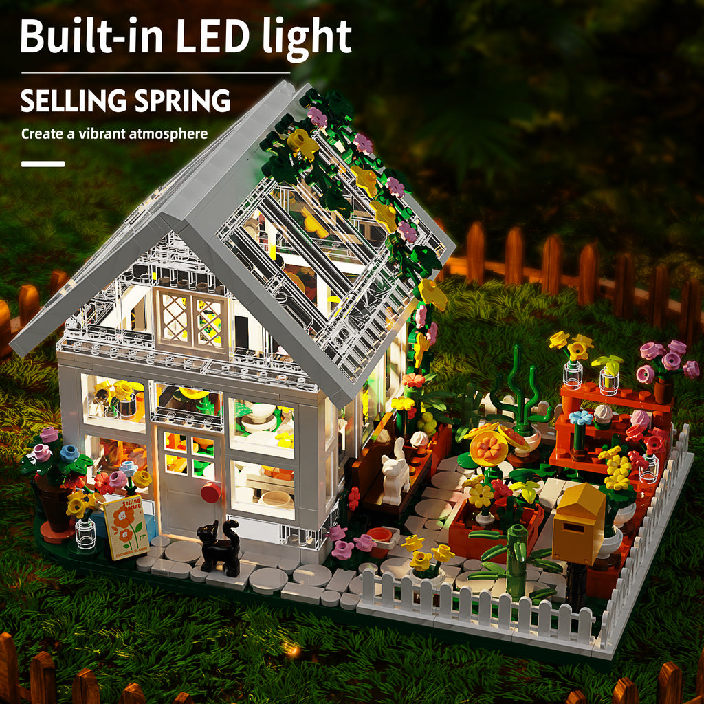 Flower House Building Mini Set, LED City View Greenhouse Building Blocks Toy