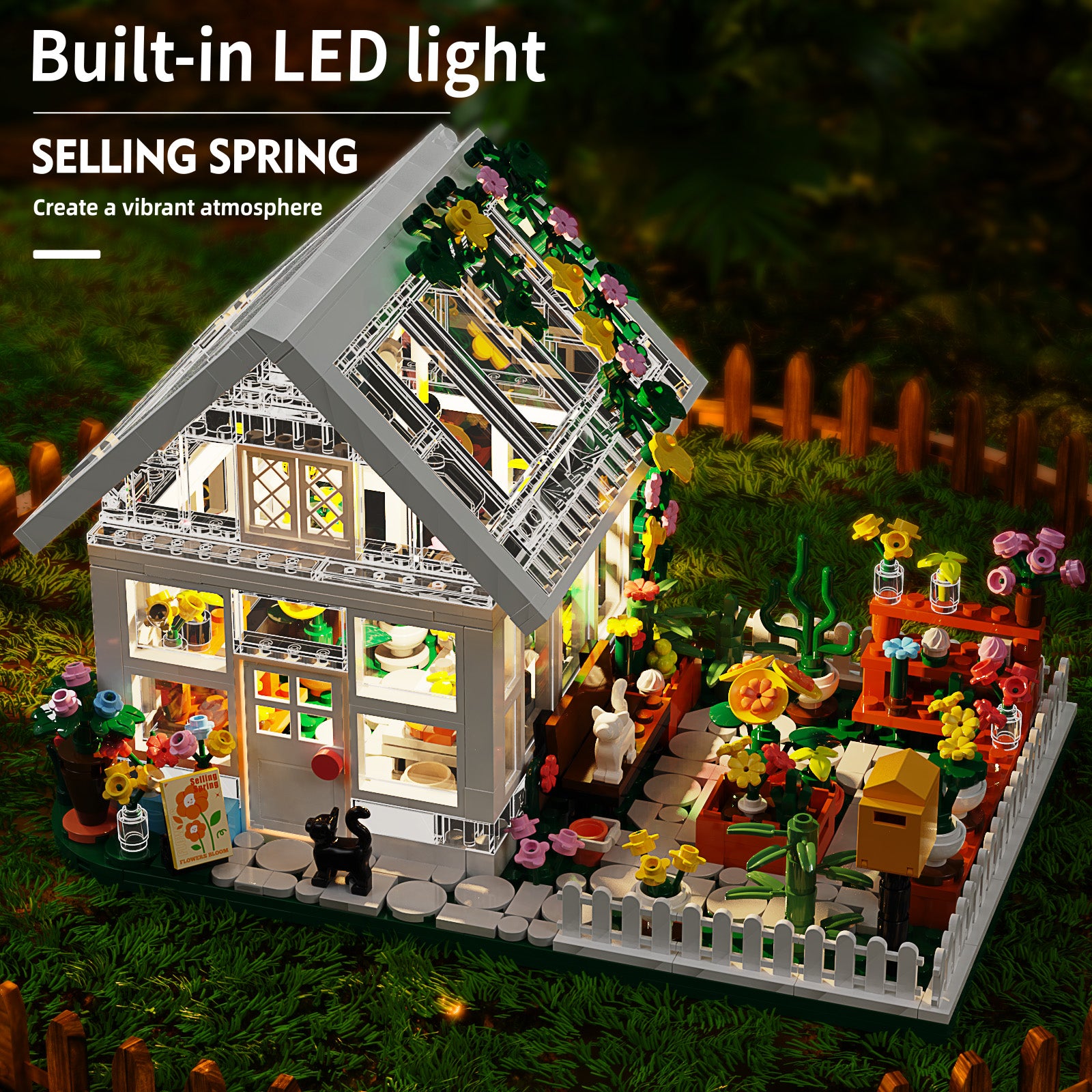 Flower House Building Mini Set, LED City View Greenhouse Building Blocks Toy