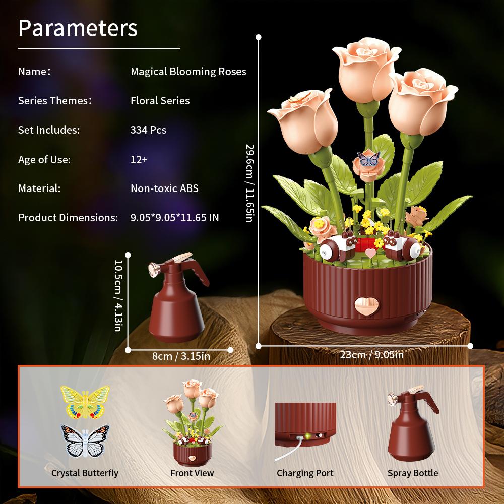 Creative Floral Assembly Kit with Lighting and Blooming Animation Effects, 334 Pieces  Includes Remote-Controlled Watering Can (with Watering Sound Effects), Blooming Rose Building Block Gift Set